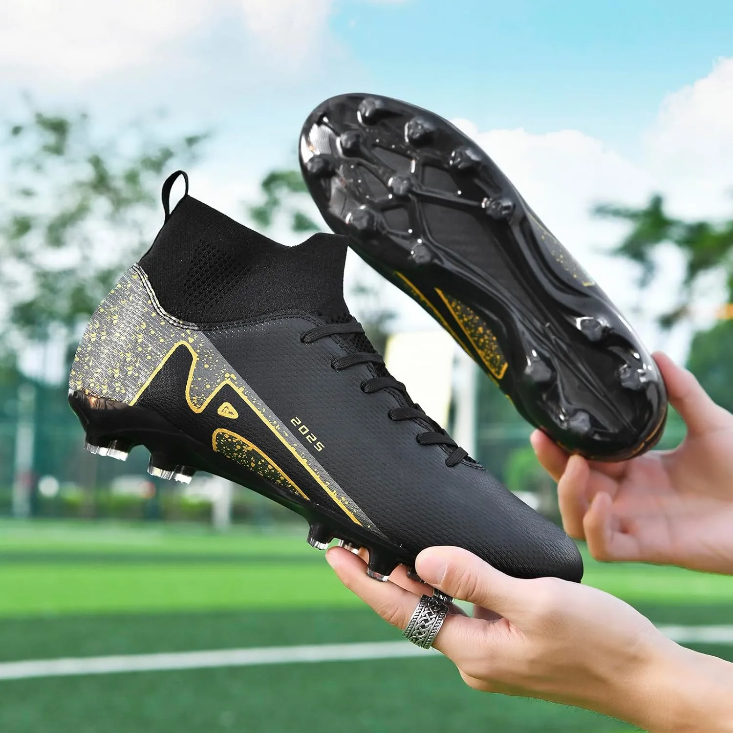 HHY Men's Soccer Shoes Football Cleats with Lace-Up High-Tops Non-Slip Spikes