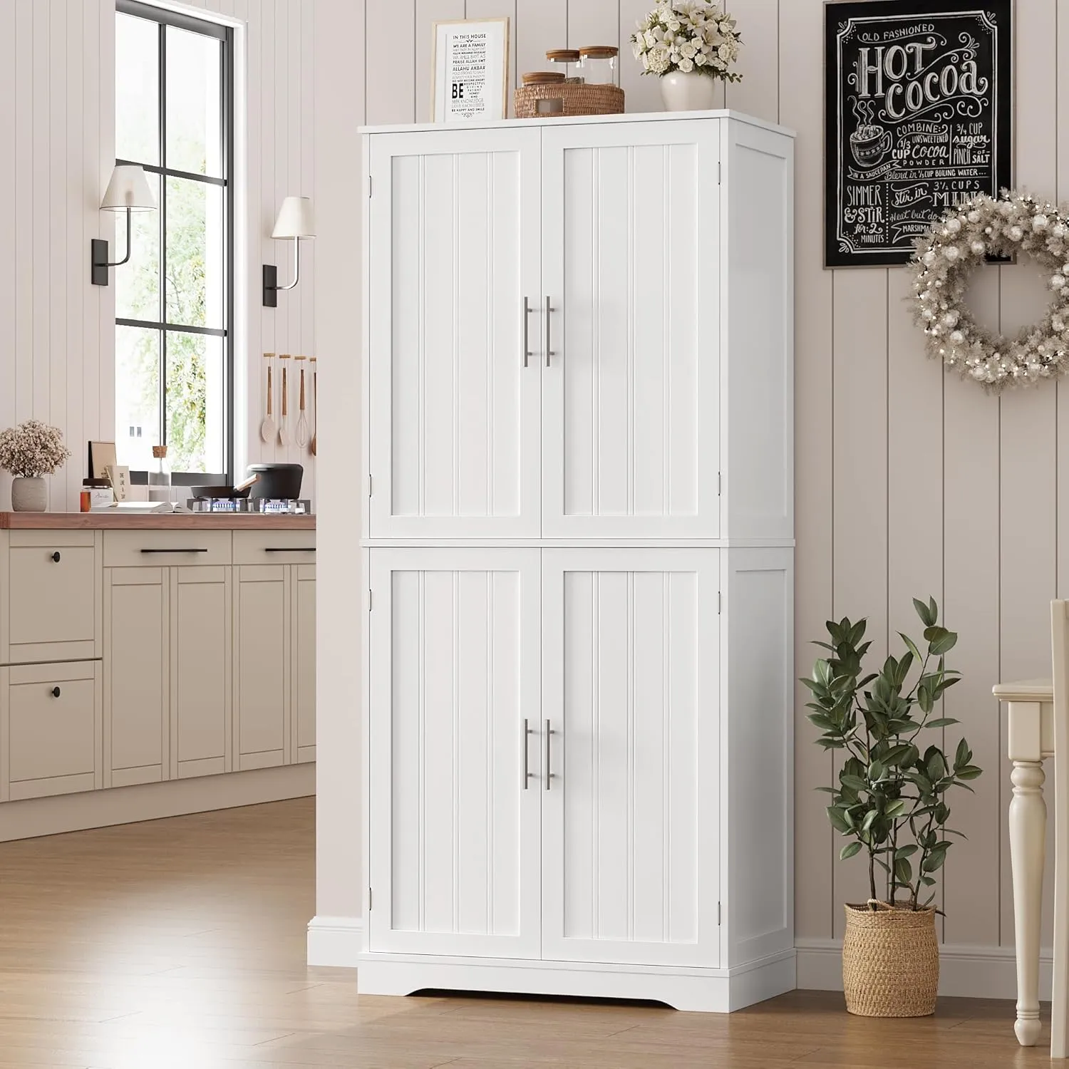 HITHOS 71.3" Tall Kitchen Pantry Storage Cabinet, Modern Kitchen Hutch with Storage Shelves, Food Pantry with Door & Silver Handle, Freestanding Cupboard for Dining Room, Living Room, White