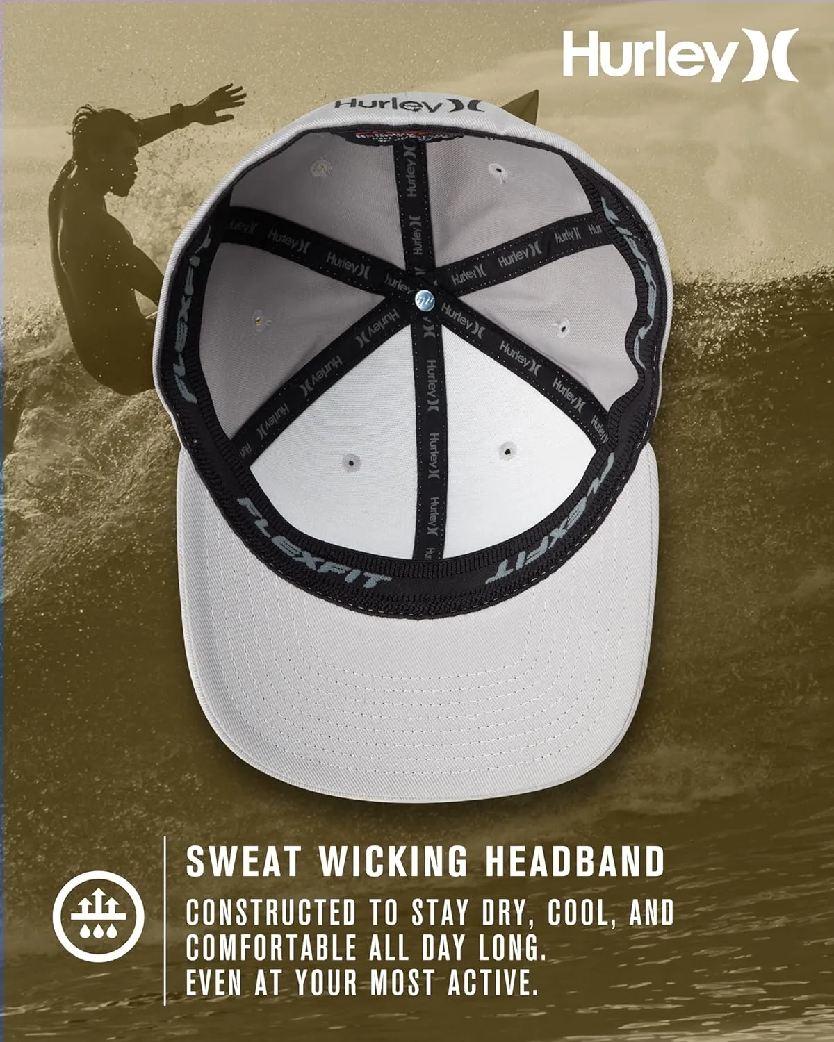 Hurley Men's Baseball Cap - Breathable 6 Panel Stretch Curved Bill Fitted Hat