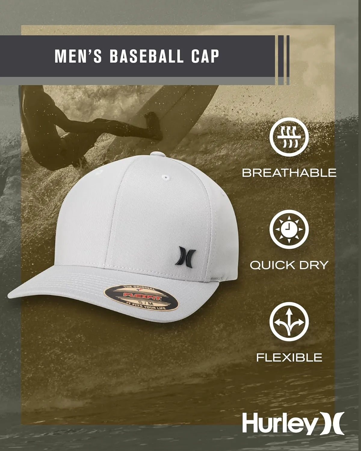 Hurley Men's Baseball Cap - Breathable 6 Panel Stretch Curved Bill Fitted Hat