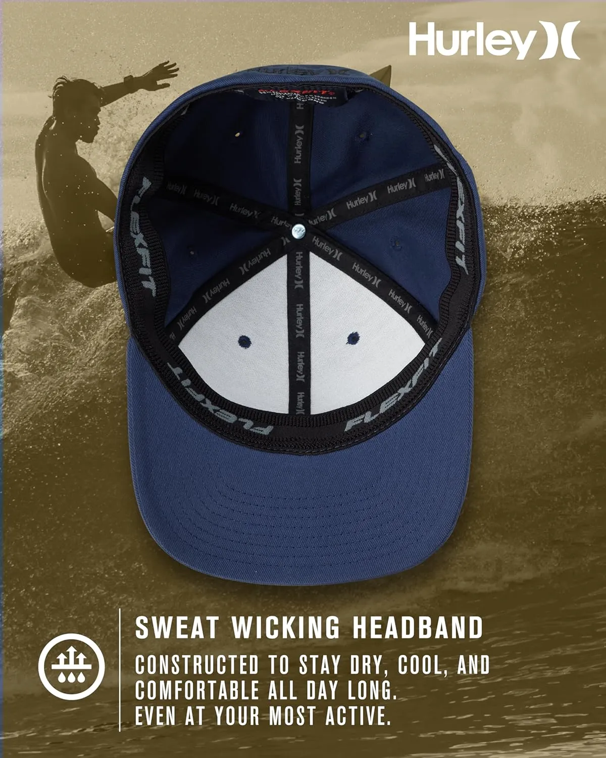 Hurley Men's Baseball Cap - Breathable 6 Panel Stretch Curved Bill Fitted Hat