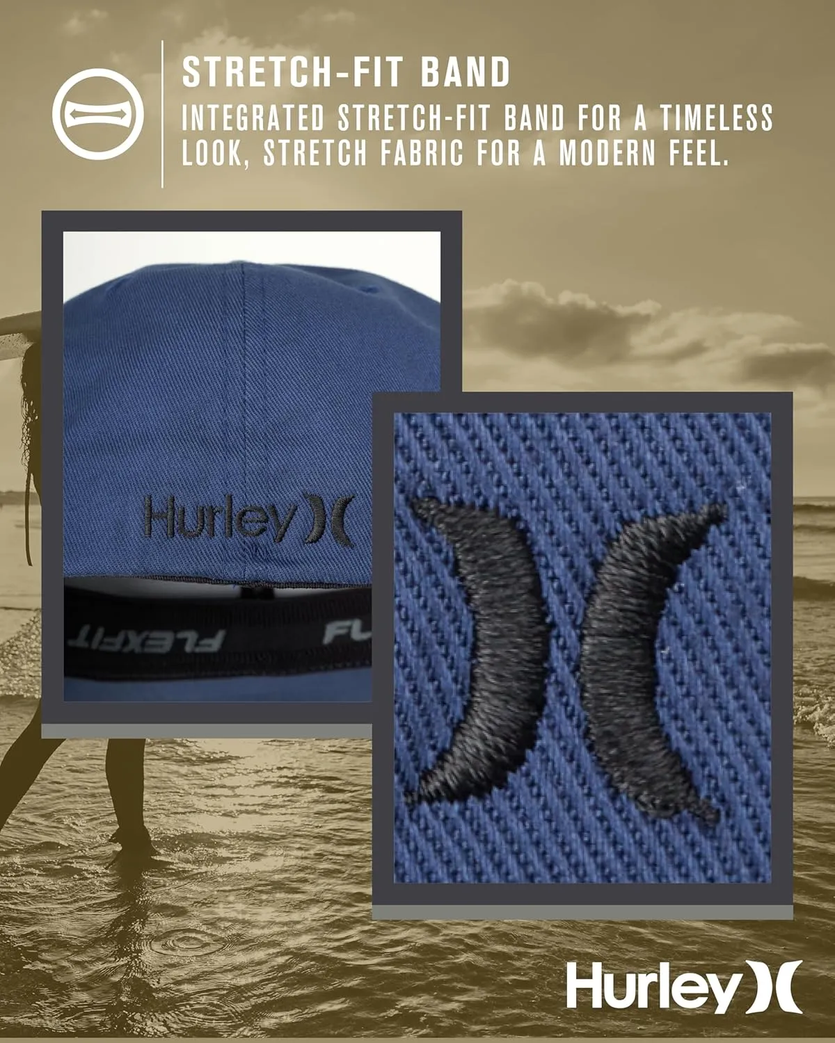 Hurley Men's Baseball Cap - Breathable 6 Panel Stretch Curved Bill Fitted Hat