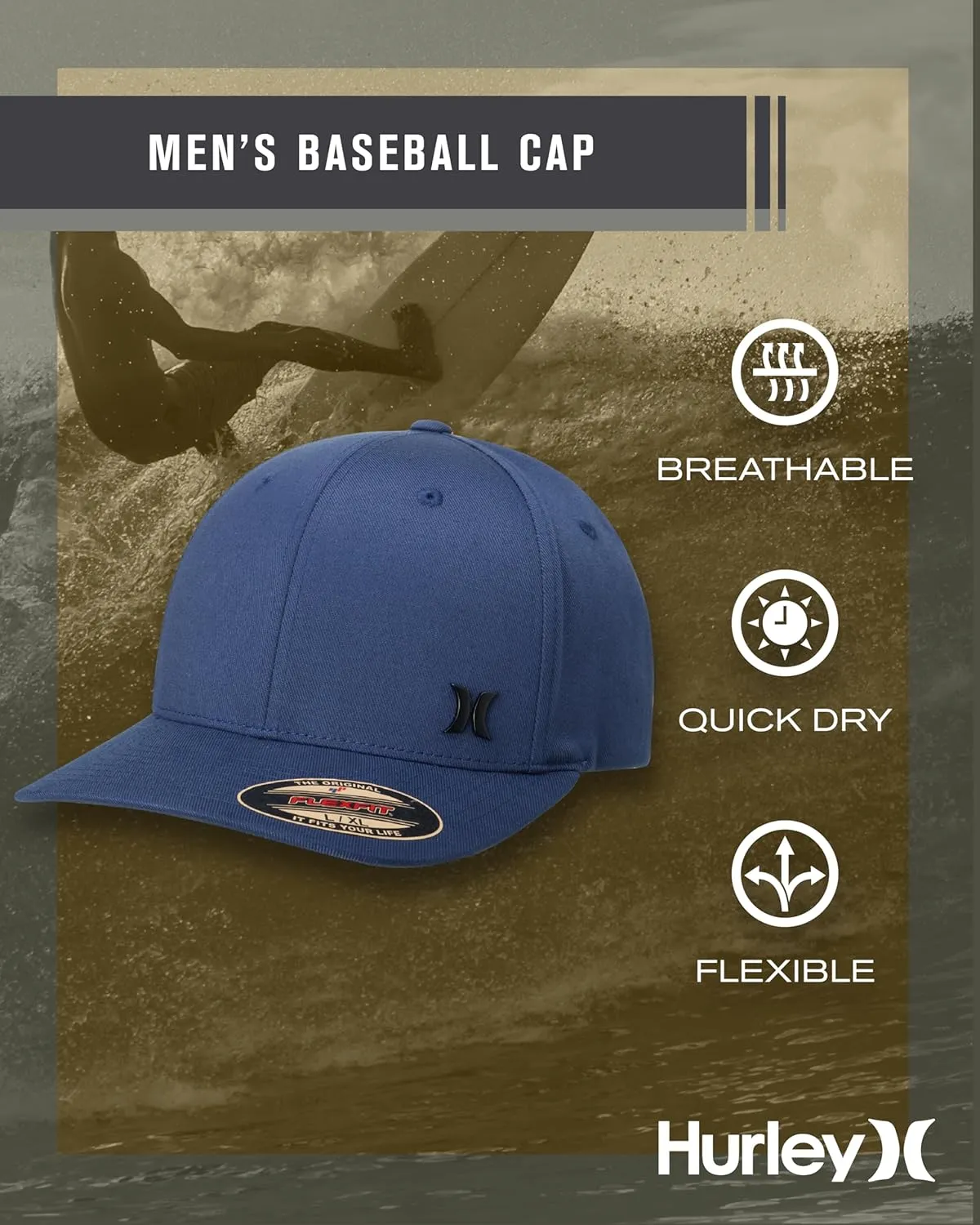 Hurley Men's Baseball Cap - Breathable 6 Panel Stretch Curved Bill Fitted Hat