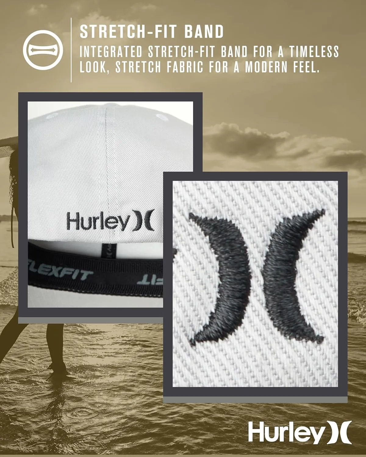 Hurley Men's Baseball Cap - Breathable 6 Panel Stretch Curved Bill Fitted Hat