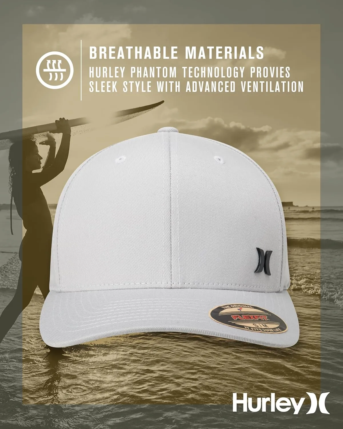 Hurley Men's Baseball Cap - Breathable 6 Panel Stretch Curved Bill Fitted Hat