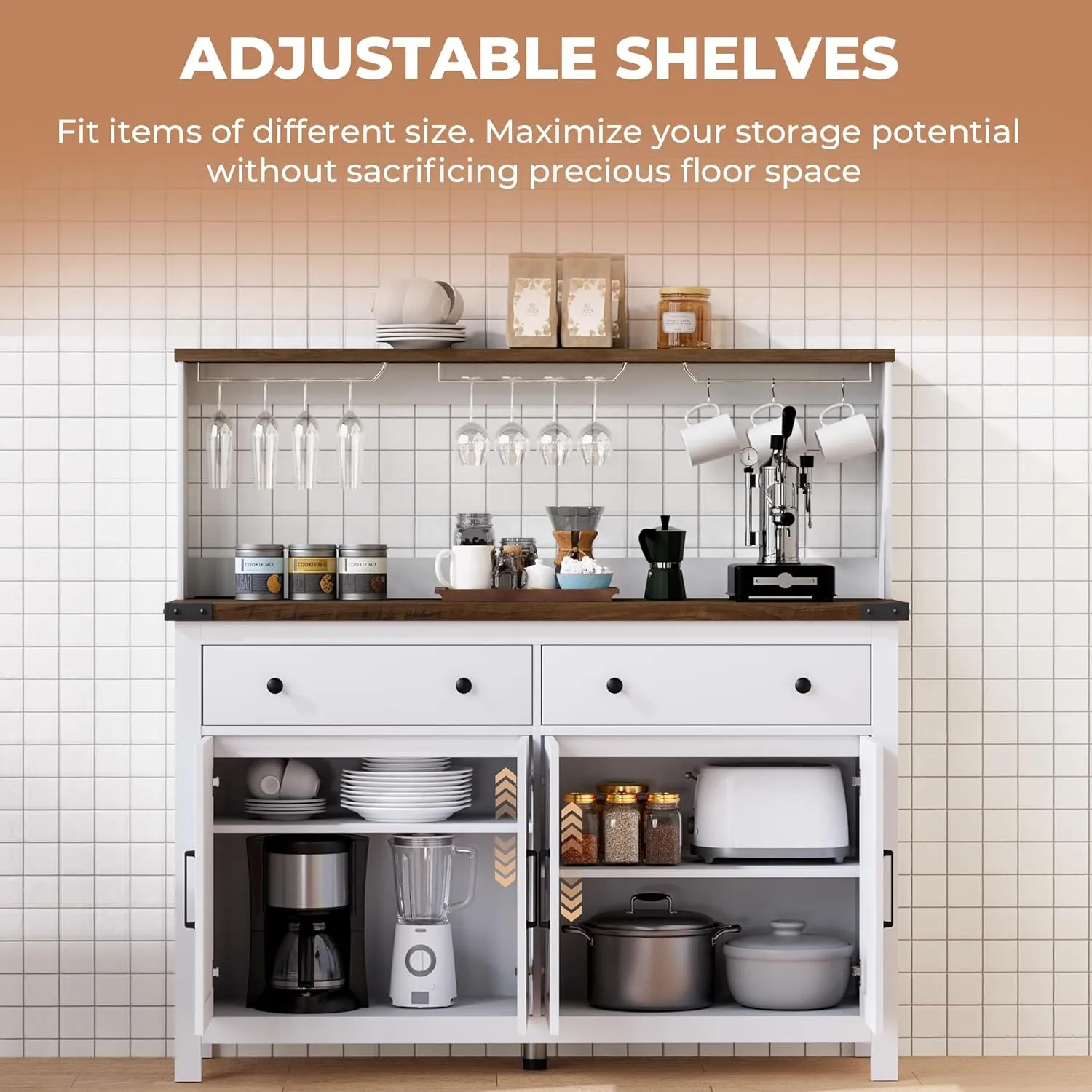Hutch Storage Cabinet Buffet with Drawers, and Charging Station, Coffee Bar Cabinet with Barn Doors, Wine Rack and Hooks, Countertop, Long Farmhouse, White, for Kitchen, Dining Room, 54.1" High