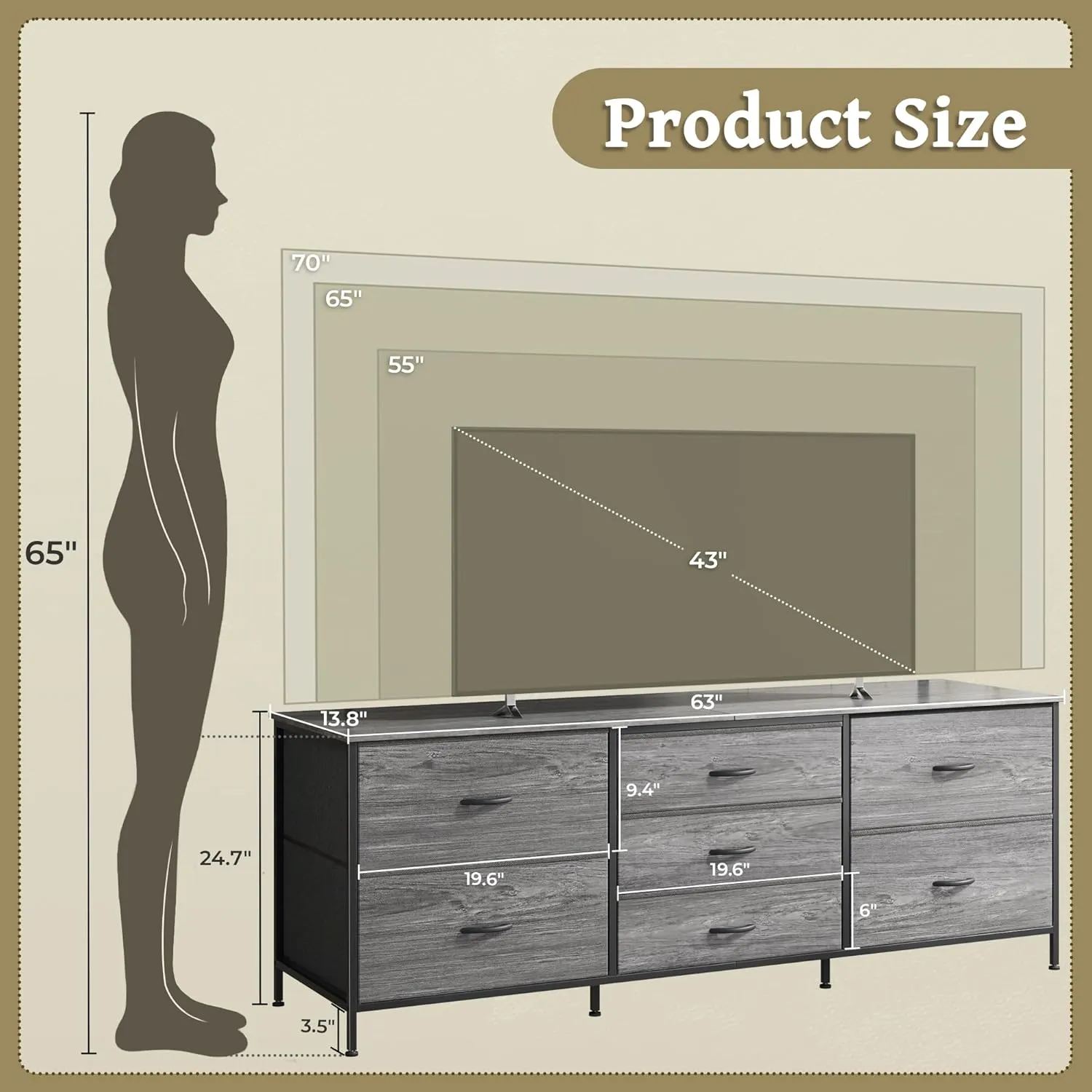 Huuger Dresser for Bedroom, 63 Inch TV Stand for 55, 65, 70 Inch TV, Long Fabric Dresser for Closet, Chest of Drawers for Storage, Clothing, 7 Drawers, Grey