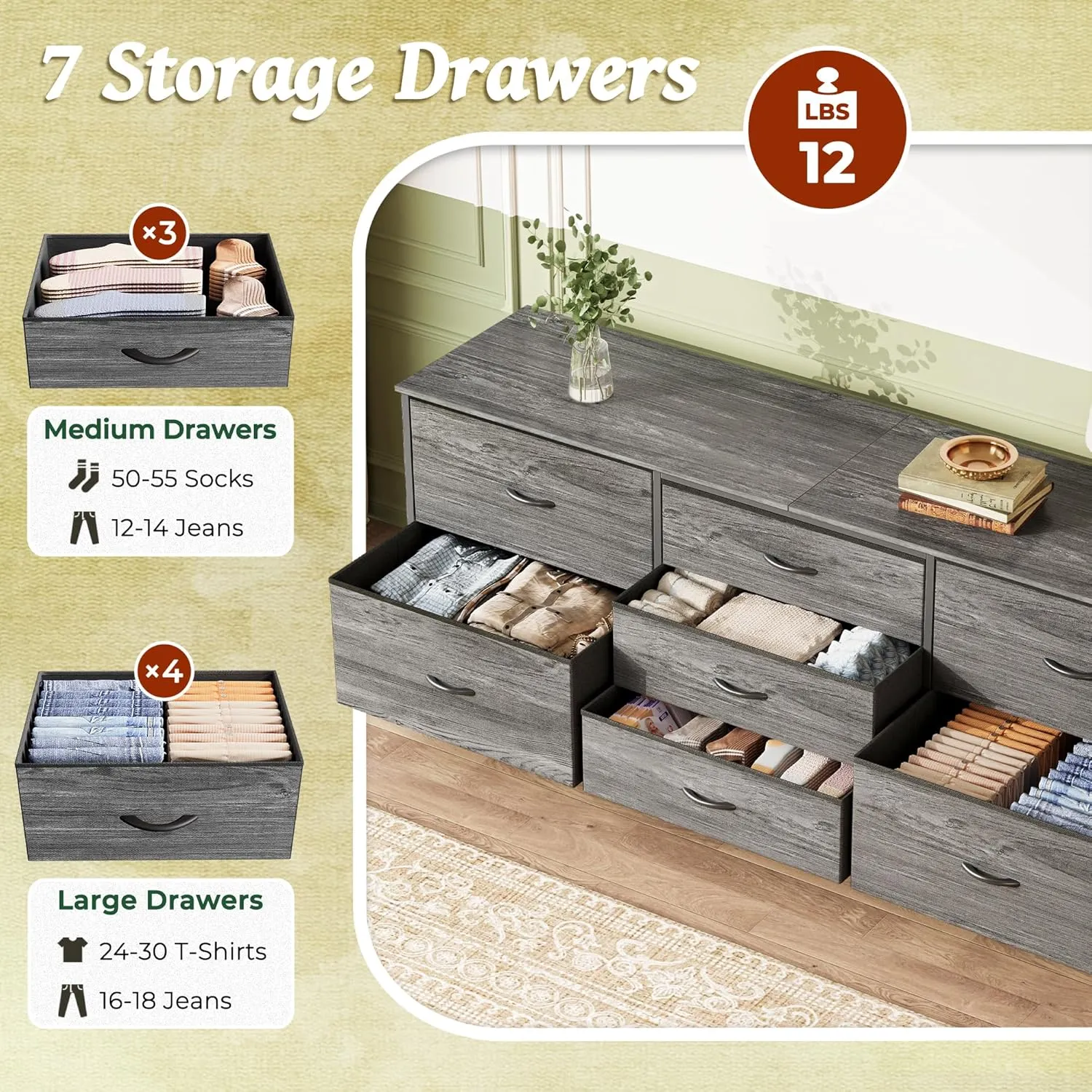 Huuger Dresser for Bedroom, 63 Inch TV Stand for 55, 65, 70 Inch TV, Long Fabric Dresser for Closet, Chest of Drawers for Storage, Clothing, 7 Drawers, Grey