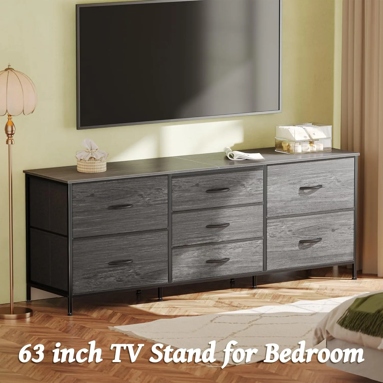 Huuger Dresser for Bedroom, 63 Inch TV Stand for 55, 65, 70 Inch TV, Long Fabric Dresser for Closet, Chest of Drawers for Storage, Clothing, 7 Drawers, Grey