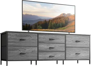 Huuger Dresser for Bedroom, 63 Inch TV Stand for 55, 65, 70 Inch TV, Long Fabric Dresser for Closet, Chest of Drawers for Storage, Clothing, 7 Drawers, Grey