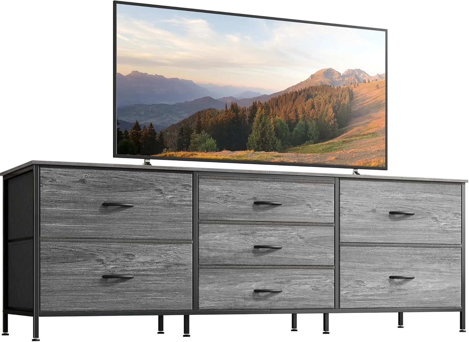 Huuger Dresser for Bedroom, 63 Inch TV Stand for 55, 65, 70 Inch TV, Long Fabric Dresser for Closet, Chest of Drawers for Storage, Clothing, 7 Drawers, Grey