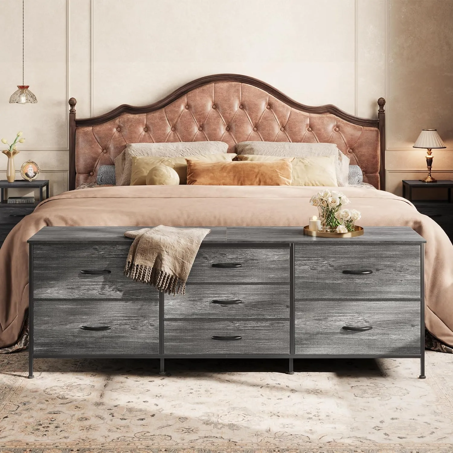 Huuger Dresser for Bedroom, 63 Inch TV Stand for 55, 65, 70 Inch TV, Long Fabric Dresser for Closet, Chest of Drawers for Storage, Clothing, 7 Drawers, Grey