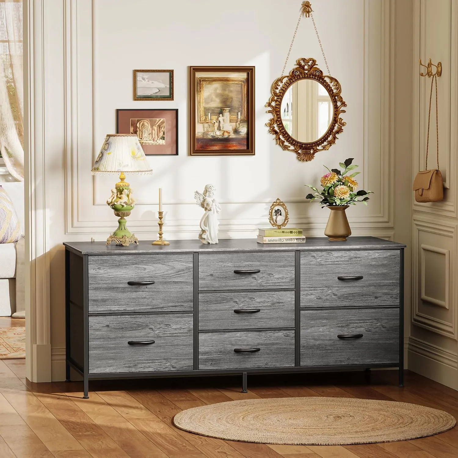 Huuger Dresser with 7 Fabric Drawers, 47 Inch TV Stand for 43, 50, 55 Inch TV, Wide Dresser Chest of Drawers for Bedroom, Clothing, Metal Frame, Grey