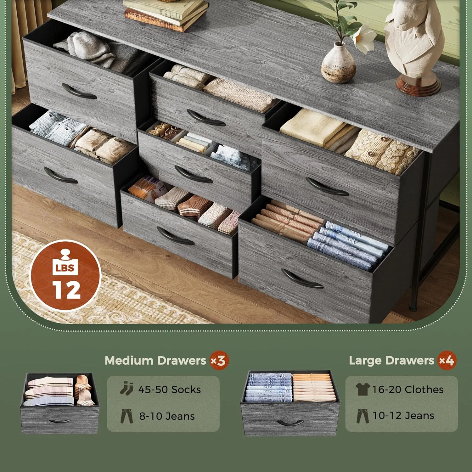 Huuger Dresser with 7 Fabric Drawers, 47 Inch TV Stand for 43, 50, 55 Inch TV, Wide Dresser Chest of Drawers for Bedroom, Clothing, Metal Frame, Grey
