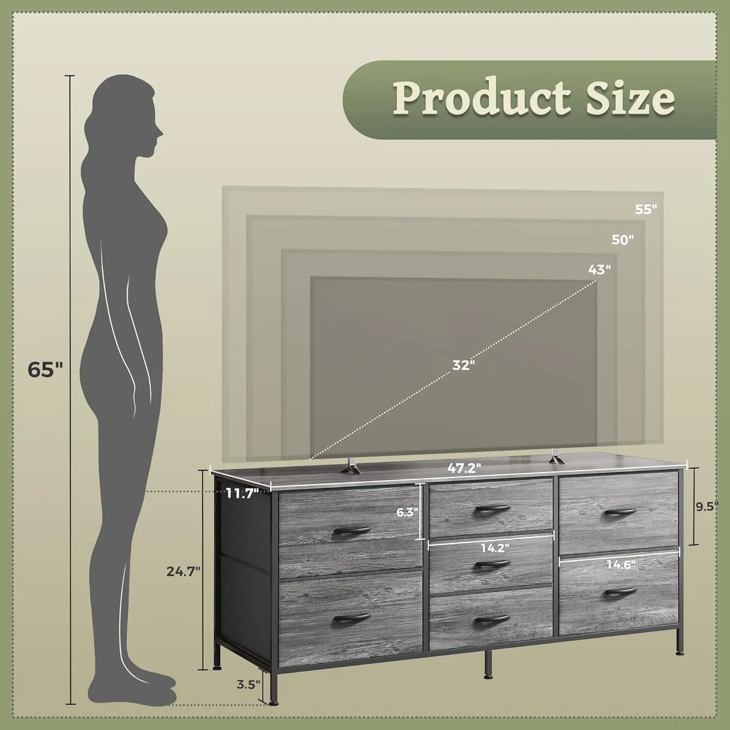 Huuger Dresser with 7 Fabric Drawers, 47 Inch TV Stand for 43, 50, 55 Inch TV, Wide Dresser Chest of Drawers for Bedroom, Clothing, Metal Frame, Grey