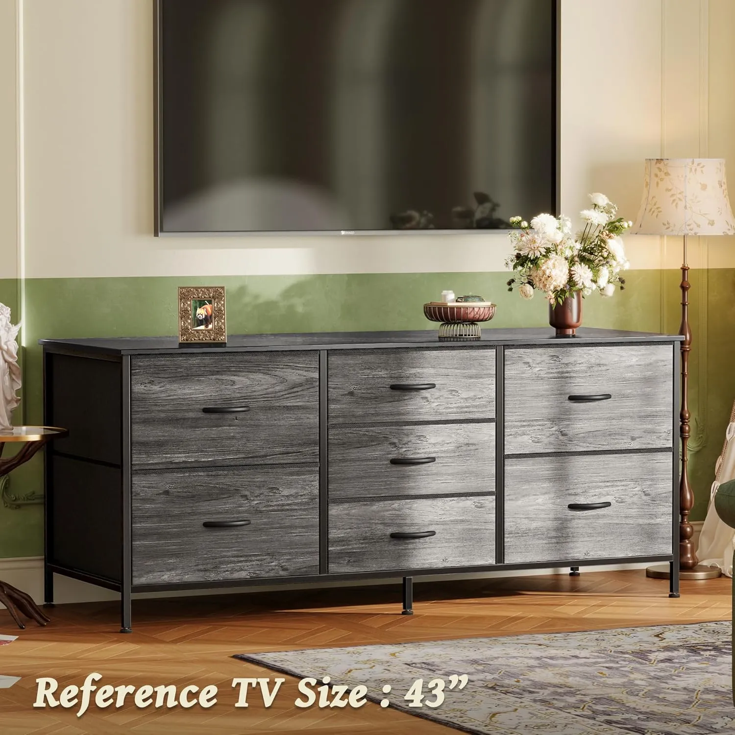 Huuger Dresser with 7 Fabric Drawers, 47 Inch TV Stand for 43, 50, 55 Inch TV, Wide Dresser Chest of Drawers for Bedroom, Clothing, Metal Frame, Grey