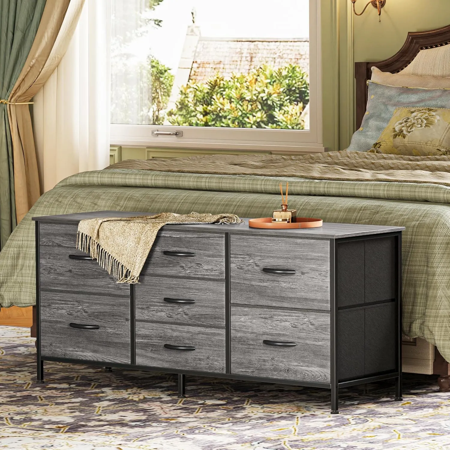 Huuger Dresser with 7 Fabric Drawers, 47 Inch TV Stand for 43, 50, 55 Inch TV, Wide Dresser Chest of Drawers for Bedroom, Clothing, Metal Frame, Grey