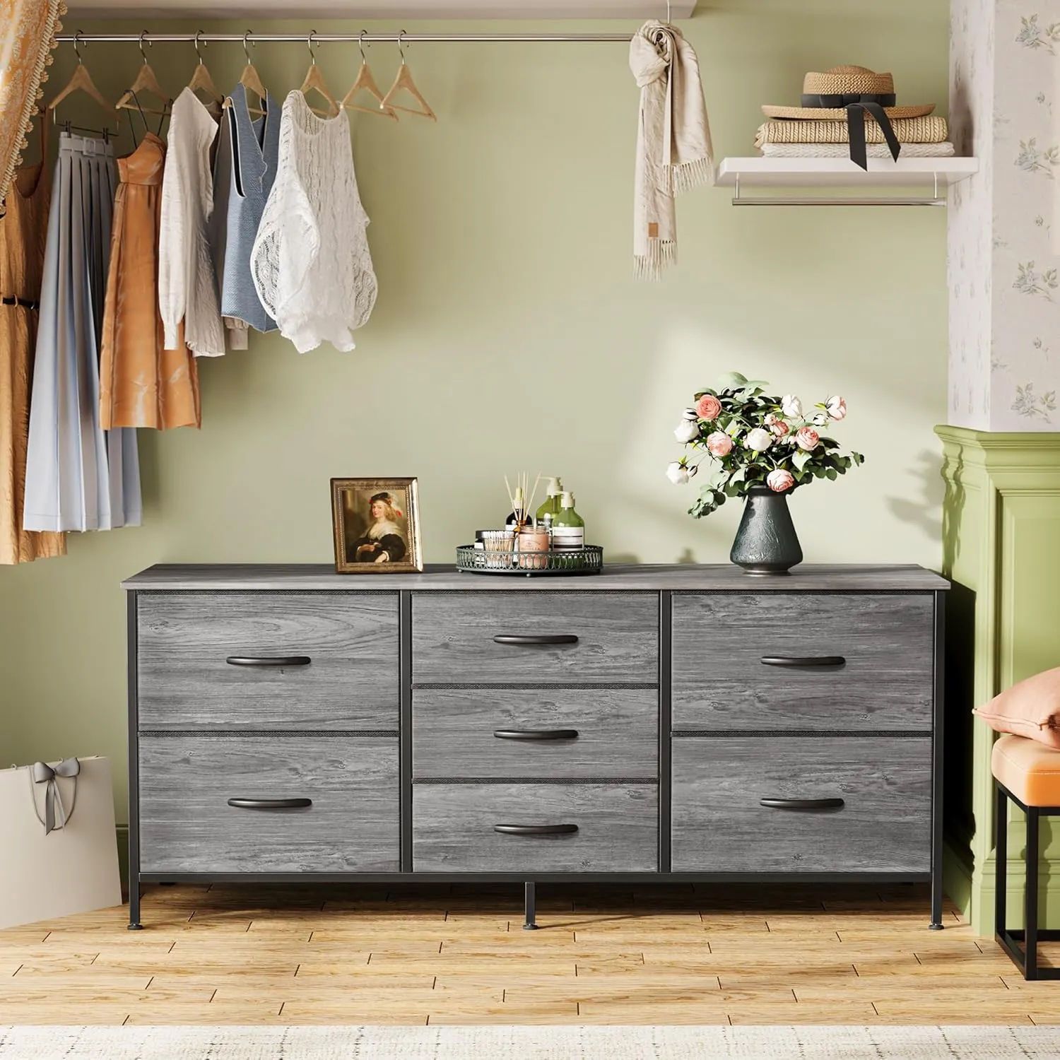 Huuger Dresser with 7 Fabric Drawers, 47 Inch TV Stand for 43, 50, 55 Inch TV, Wide Dresser Chest of Drawers for Bedroom, Clothing, Metal Frame, Grey