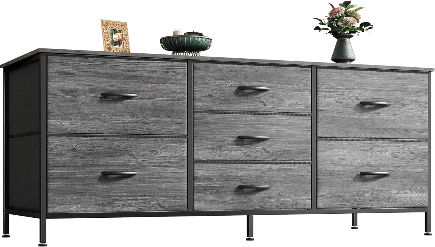 Huuger Dresser with 7 Fabric Drawers, 47 Inch TV Stand for 43, 50, 55 Inch TV, Wide Dresser Chest of Drawers for Bedroom, Clothing, Metal Frame, Grey
