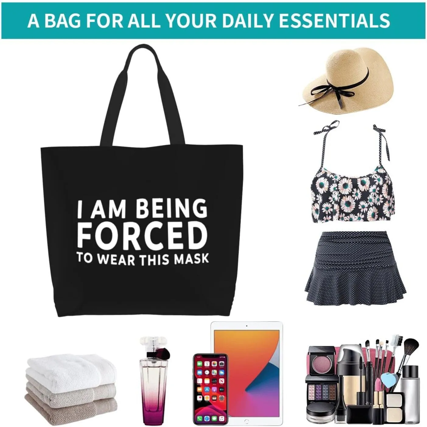 I Am Being Forced to Wear This Mask Women's Lightweight Canvas Handbag Waterproof Reusable Shopping Bag