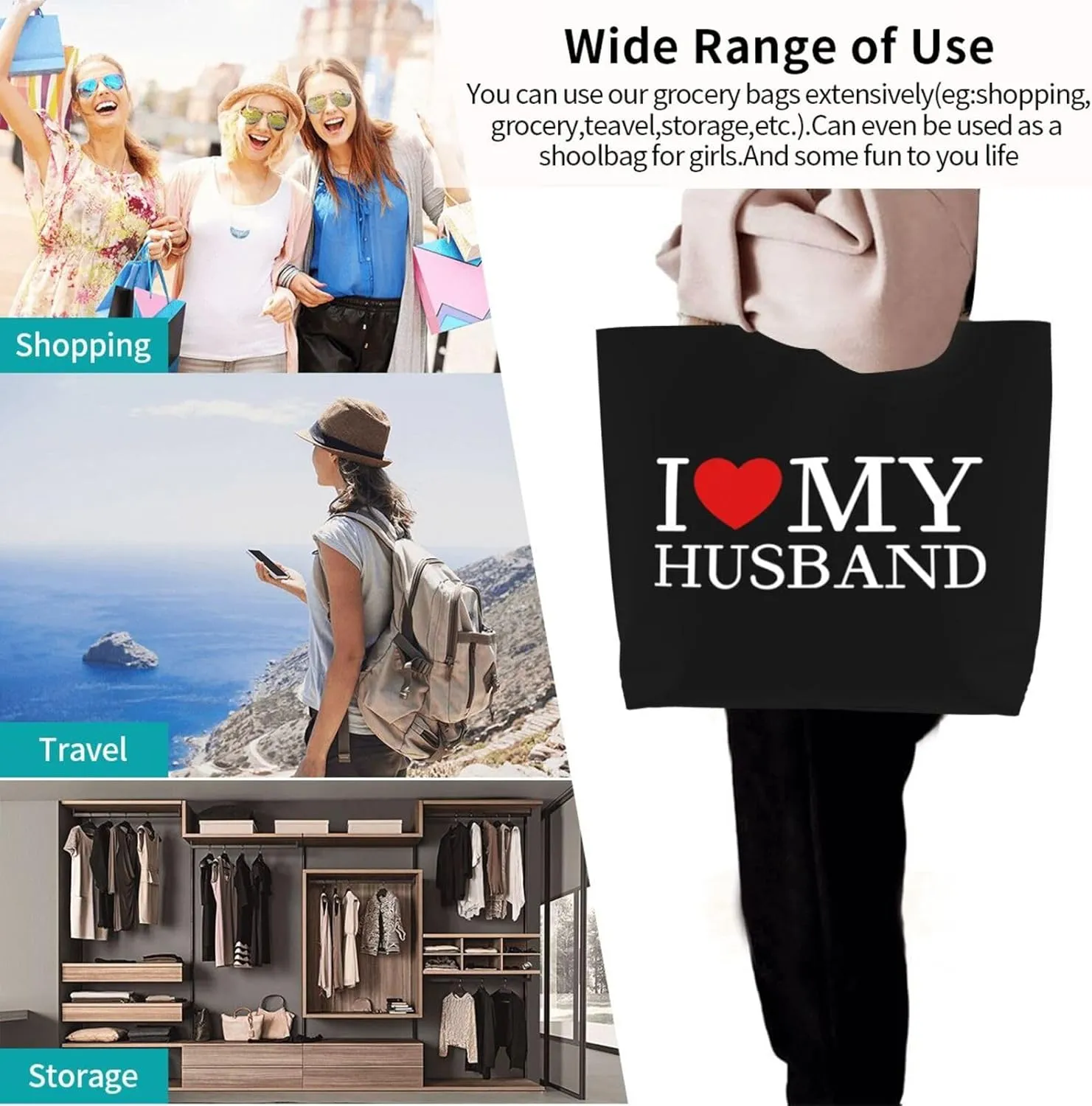 I Love My Husband Women'S Lightweight Canvas Handbag Waterproof Reusable Shopping Bag
