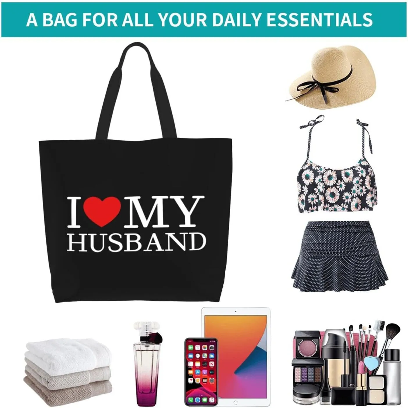 I Love My Husband Women'S Lightweight Canvas Handbag Waterproof Reusable Shopping Bag