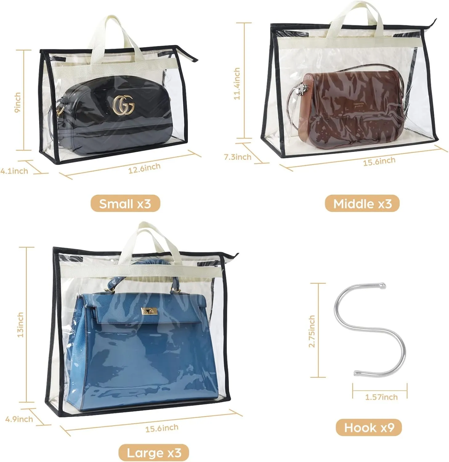 Interesse 9 Pack Dust Bags for Handbags, Clear Handbag Storage, Purse Storage Organizer for Closet, Purse Cover Hanging Closet Organizer with Zipper