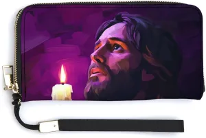 Jesus with A Candle Light PU Leather Clutch Long Bifold Wallet, Coin Purse Credit Pass Case, Durable Card-Holder Money Storage for Women Men