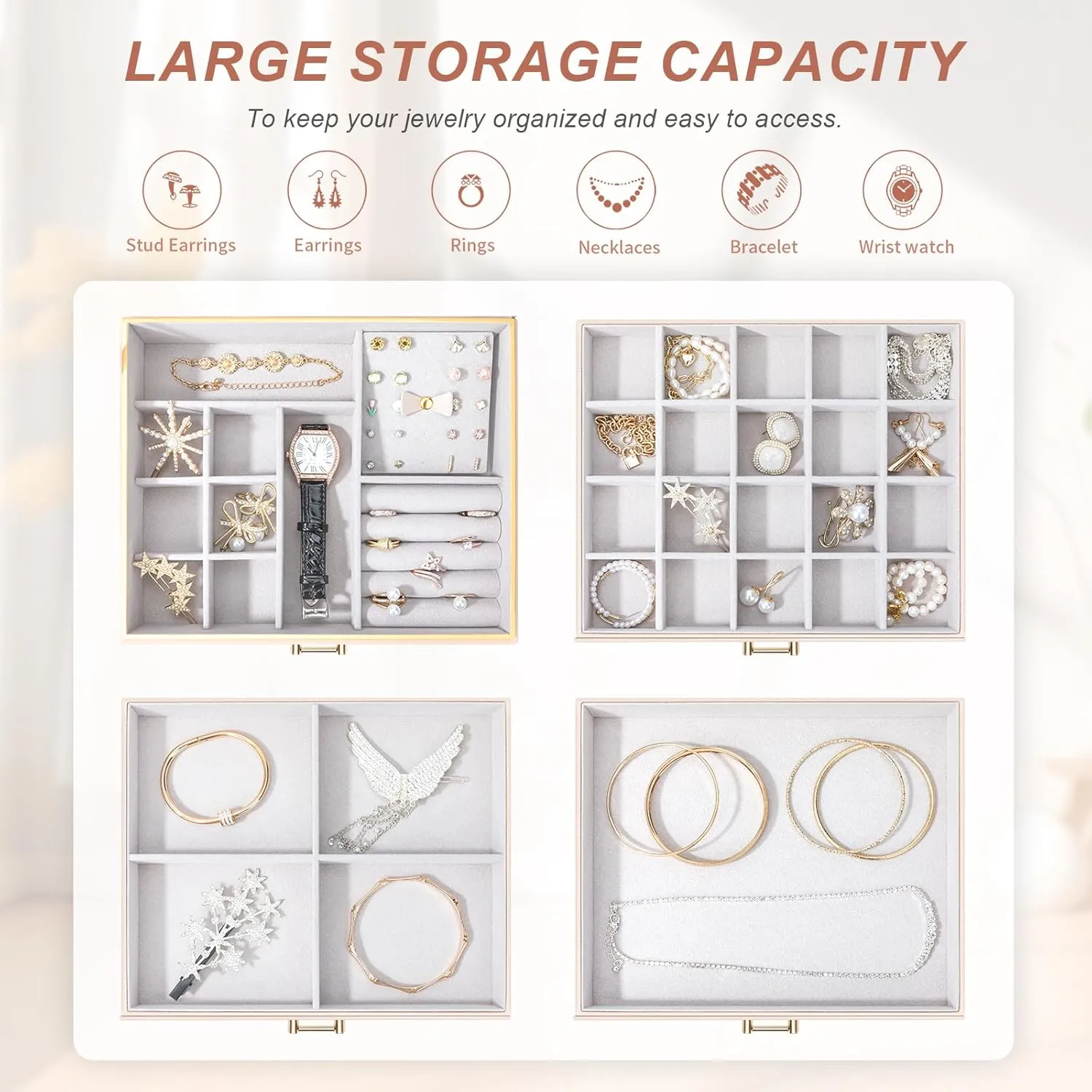 Jewelry Box Organizer for Women Girls, 4-Layer Large Jewelry boxes with 3 Drawers Jewelry Storage Case for Earrings Bracelets Necklaces