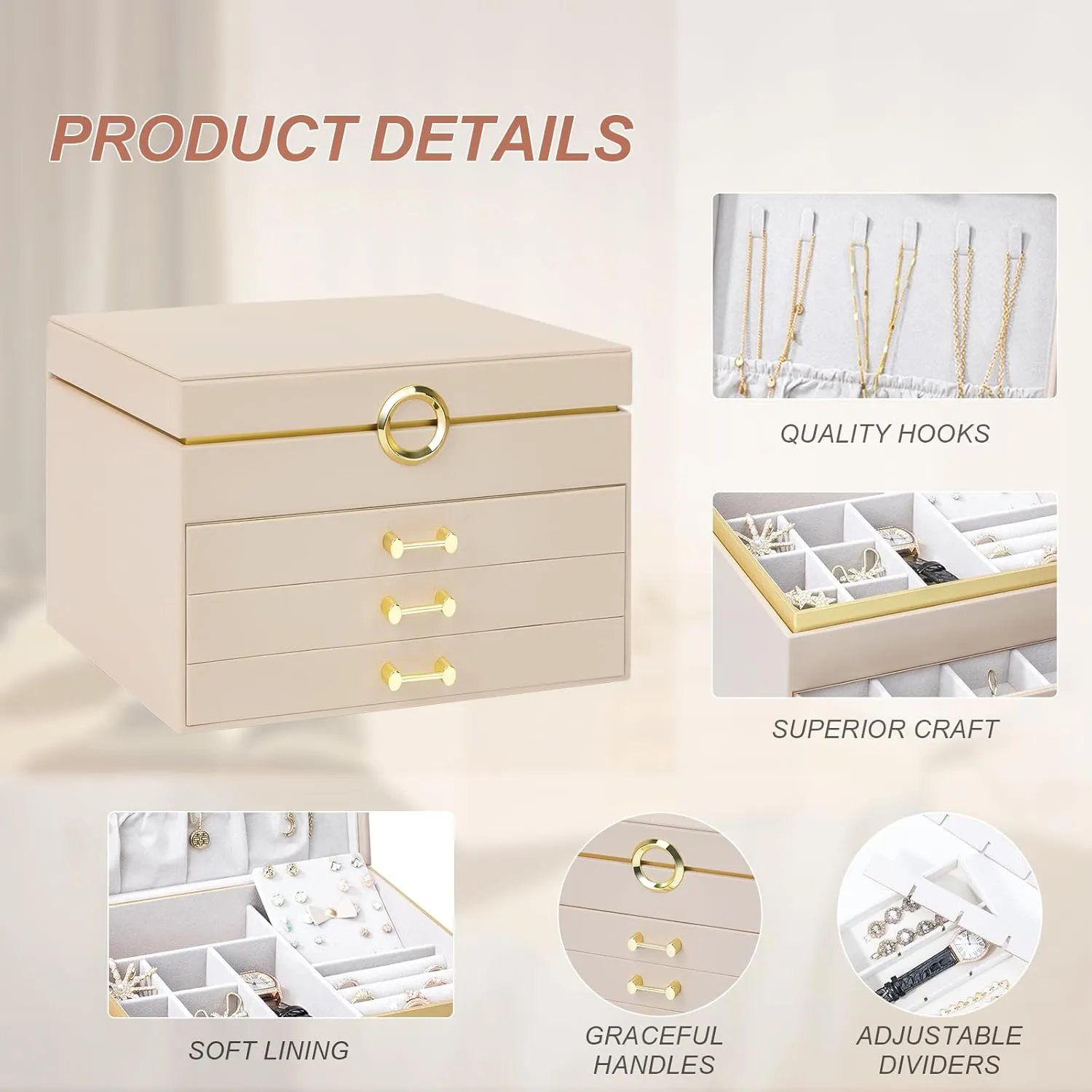 Jewelry Box Organizer for Women Girls, 4-Layer Large Jewelry boxes with 3 Drawers Jewelry Storage Case for Earrings Bracelets Necklaces