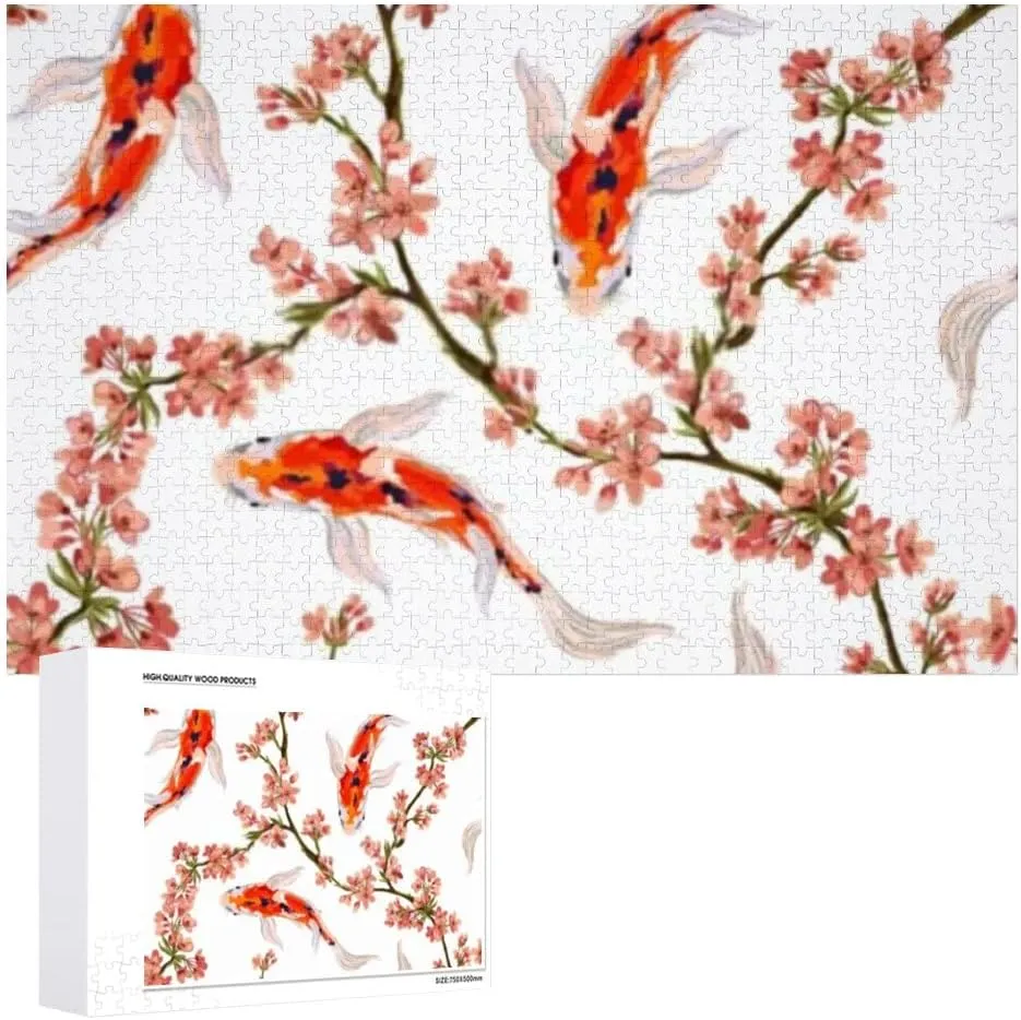 Jigsaw Puzzles Floral Hand Drawn Koi Fish Toy Kid Educational Games Brain Challenge Adults Art DIY Child Leisure Game Suitable Family Friends 1000PCS