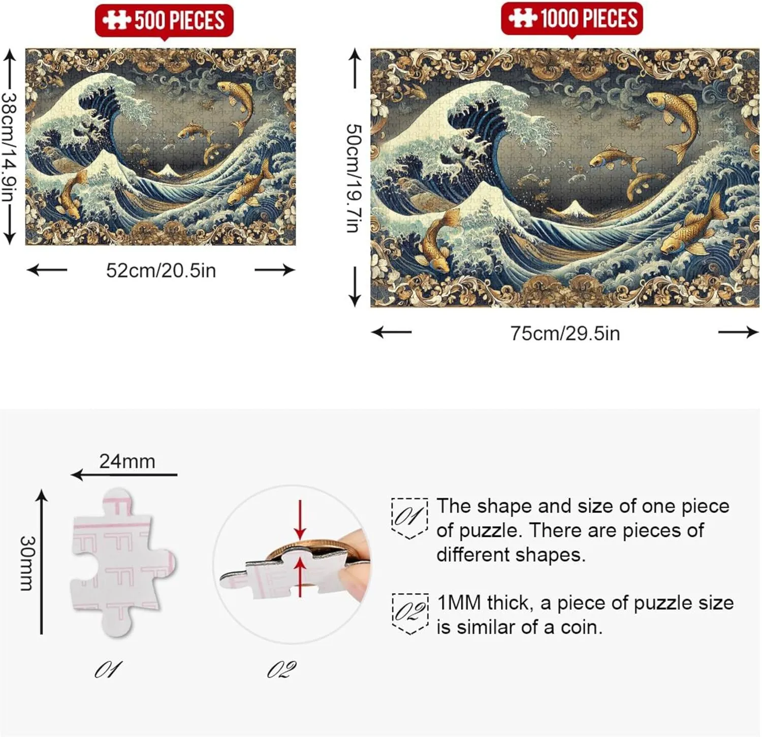 Jigsaw Puzzles for Adults 1000 Pieces Funny Puzzle Game Gifts Family Fun Puzzle Artwork Animal Print Ocean Waves Gold Fish, 29.5x19.7 Inch