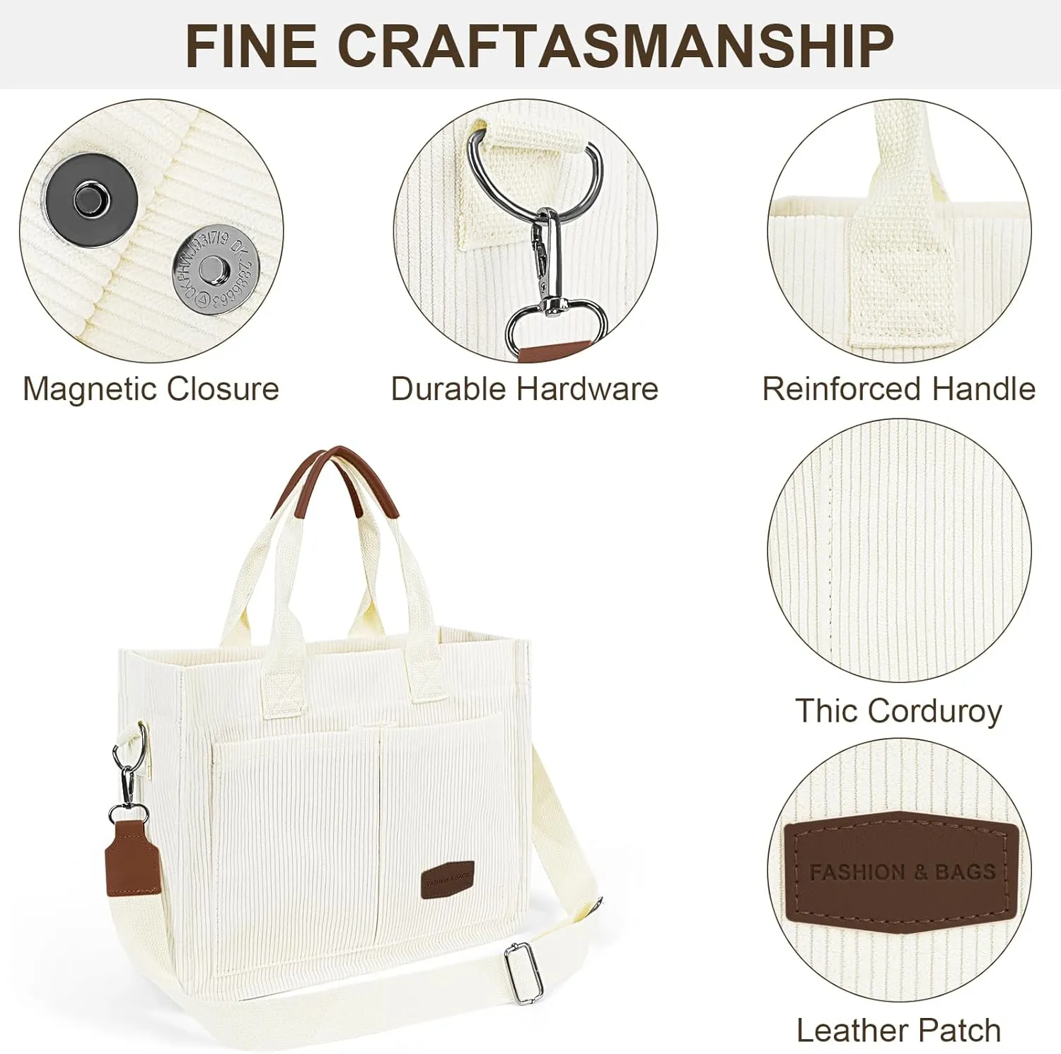 Juoxeepy Corduroy Tote Bag with Multi Pockets Women Fall Winter Bag Shoulder Crossbody Tote Bag Work College Handbag