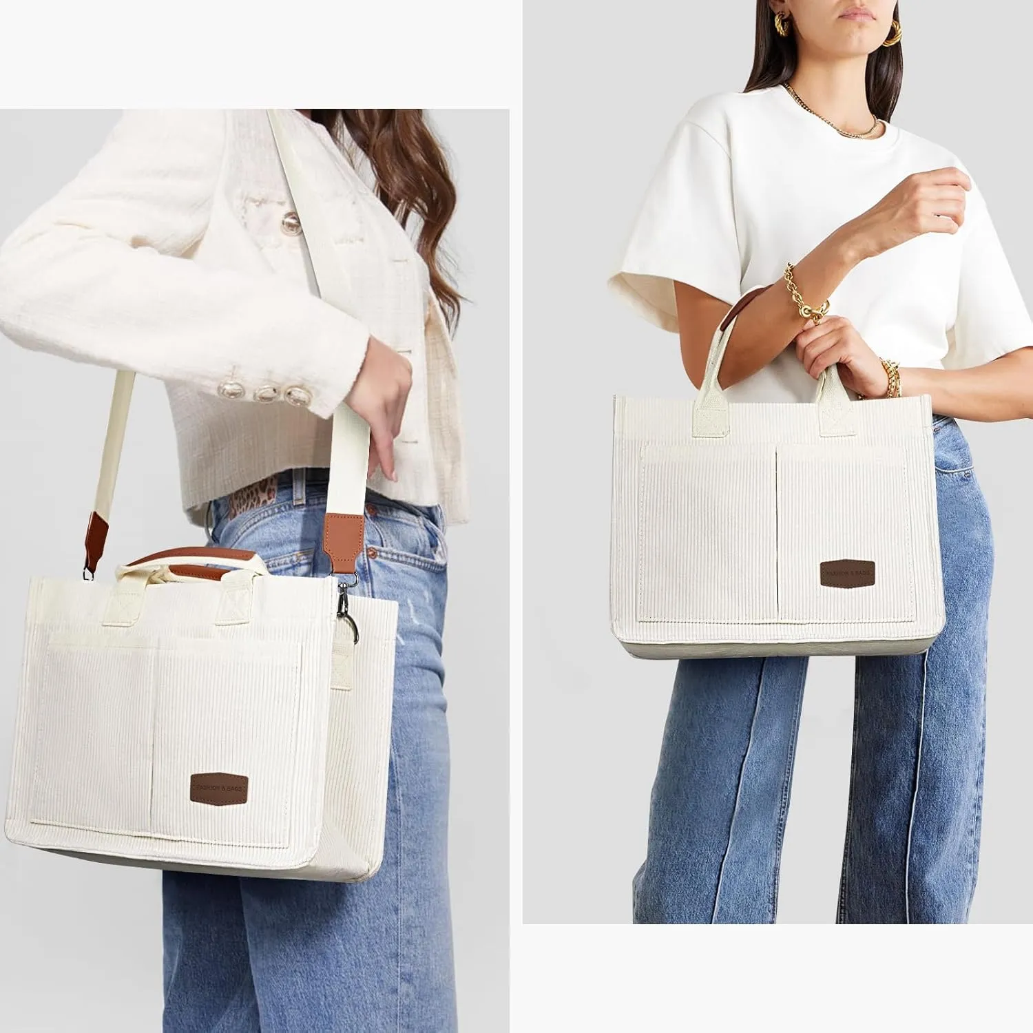 Juoxeepy Corduroy Tote Bag with Multi Pockets Women Fall Winter Bag Shoulder Crossbody Tote Bag Work College Handbag