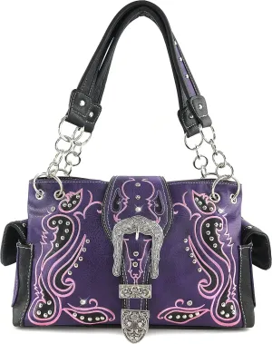 Justin West Concealed Carry Western Tritone Paisley Flower Buckle Embroidered Laser Cut Shoulder Handbag | Trifold Wallet