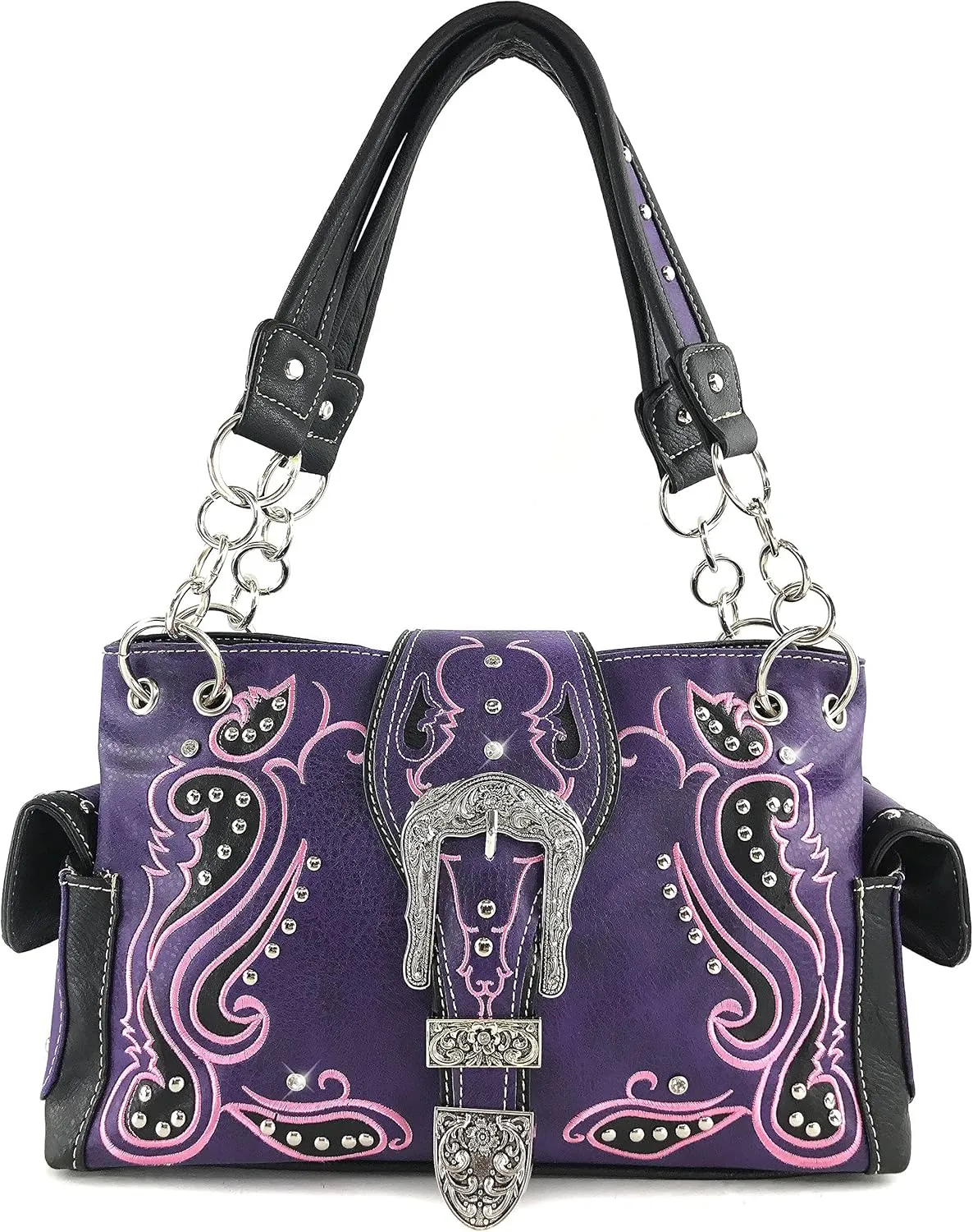 Justin West Concealed Carry Western Tritone Paisley Flower Buckle Embroidered Laser Cut Shoulder Handbag | Trifold Wallet