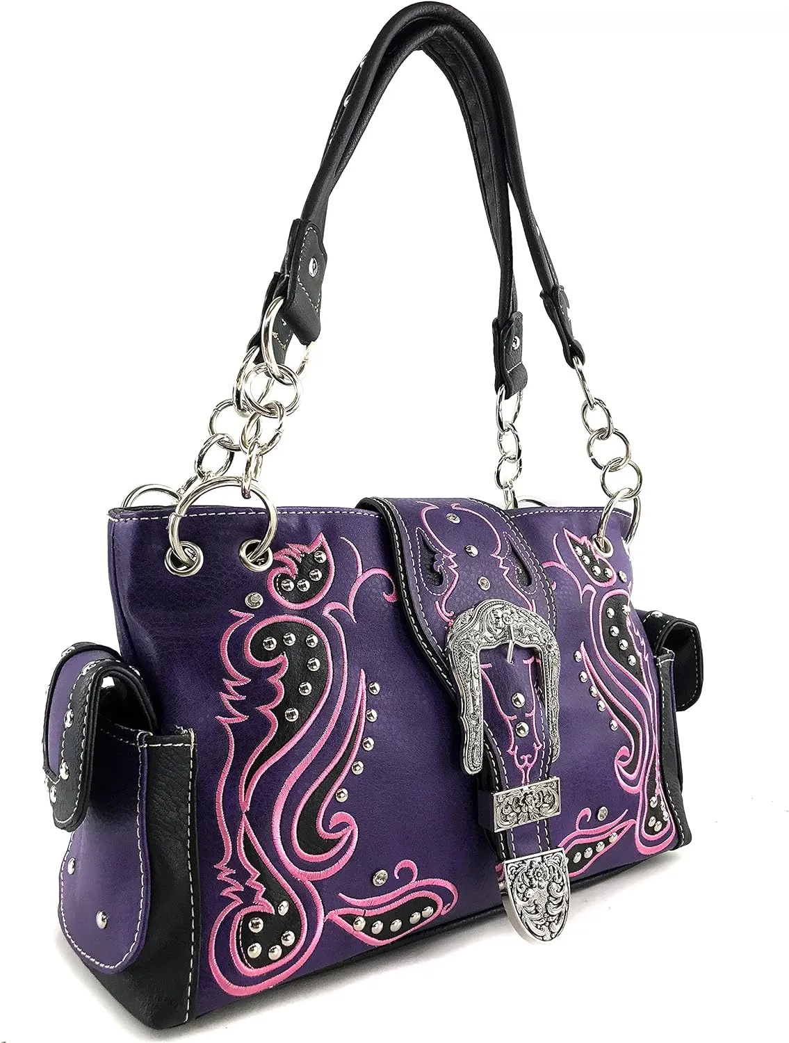 Justin West Concealed Carry Western Tritone Paisley Flower Buckle Embroidered Laser Cut Shoulder Handbag | Trifold Wallet