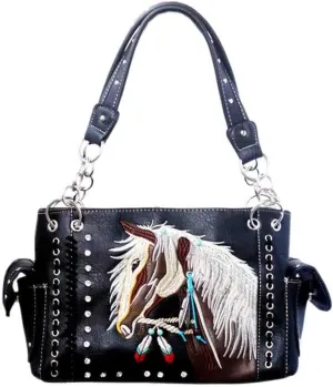 Justin West Dales Pony Horse White Mane Embroidery Feather Conceal Carry Women Handbag Purse