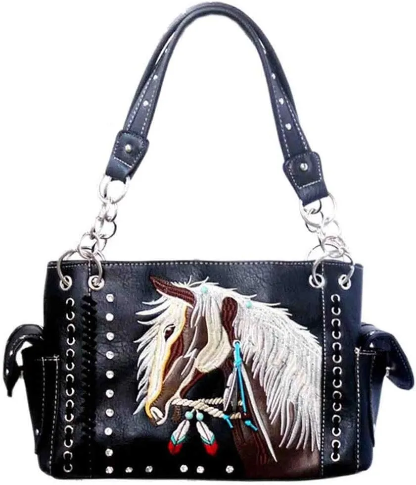 Justin West Dales Pony Horse White Mane Embroidery Feather Conceal Carry Women Handbag Purse