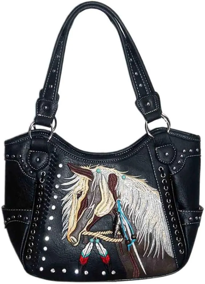 Justin West Dales Pony Horse White Mane Embroidery Feather Conceal Carry Women Handbag Purse