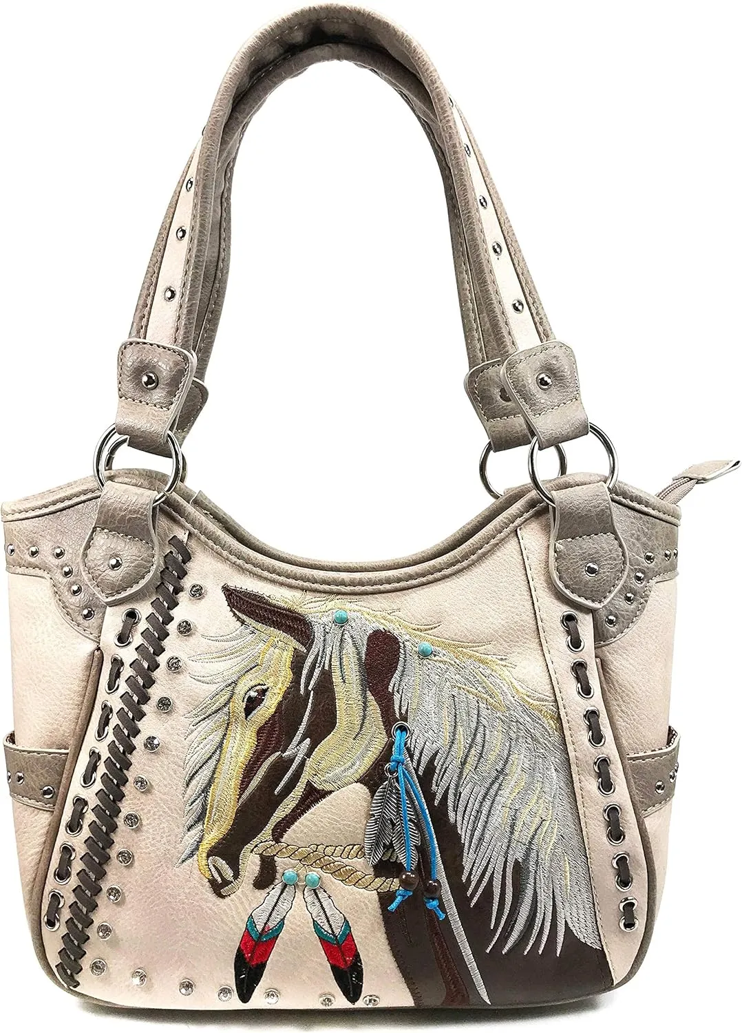 Justin West Dales Pony Horse White Mane Embroidery Feather Conceal Carry Women Handbag Purse
