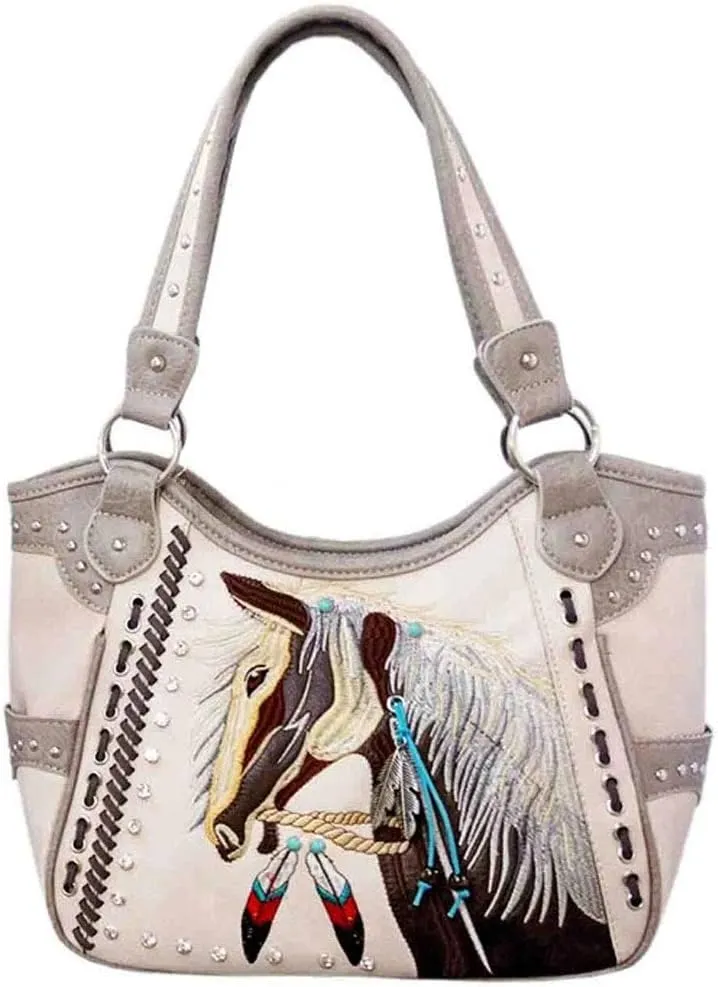 Justin West Dales Pony Horse White Mane Embroidery Feather Conceal Carry Women Handbag Purse