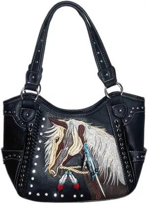 Justin West Dales Pony Horse White Mane Embroidery Feather Conceal Carry Women Handbag Purse