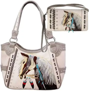 Justin West Dales Pony Horse White Mane Embroidery Feather Conceal Carry Women Handbag Purse