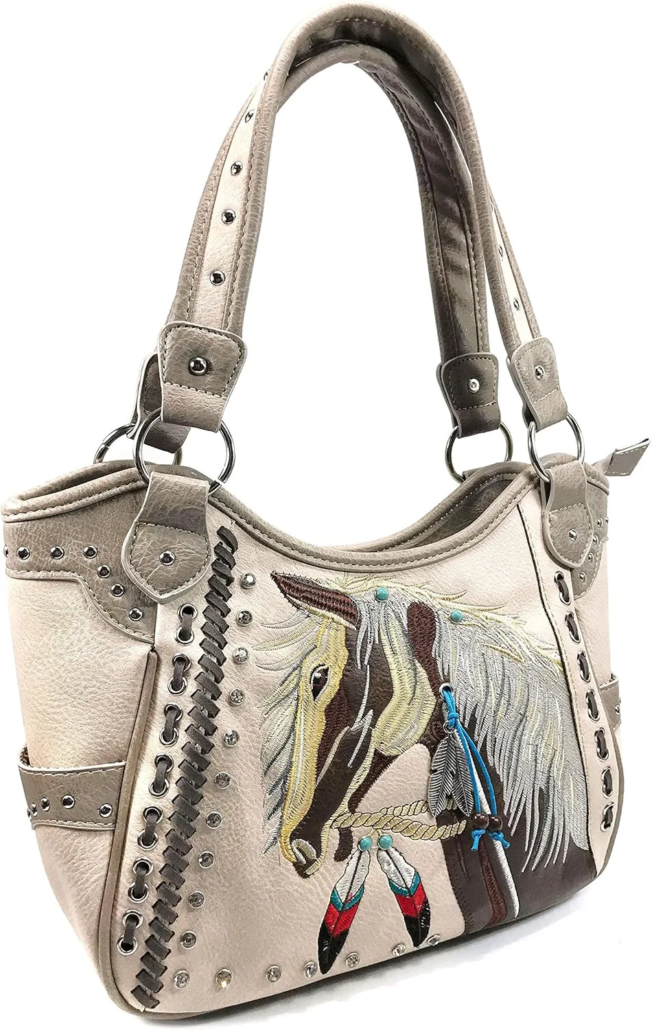 Justin West Dales Pony Horse White Mane Embroidery Feather Conceal Carry Women Handbag Purse