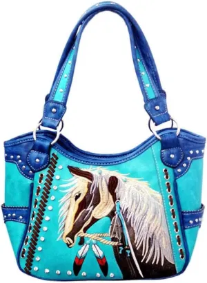 Justin West Dales Pony Horse White Mane Embroidery Feather Conceal Carry Women Handbag Purse
