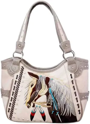 Justin West Dales Pony Horse White Mane Embroidery Feather Conceal Carry Women Handbag Purse