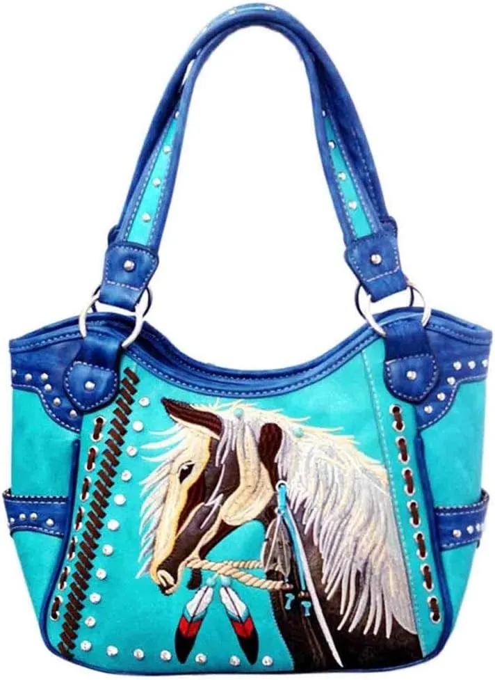 Justin West Dales Pony Horse White Mane Embroidery Feather Conceal Carry Women Handbag Purse