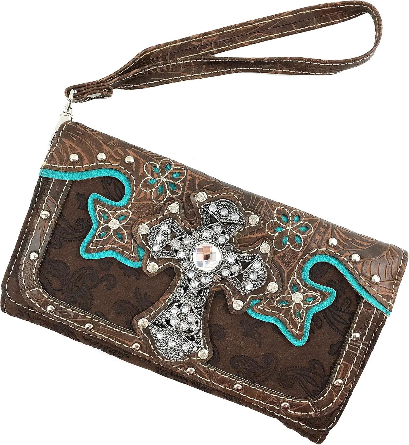 Justin West Paisley Embroidery Floral Tooled Leather Rhinestone Cross Shoulder Concealed Carry Handbag Purse