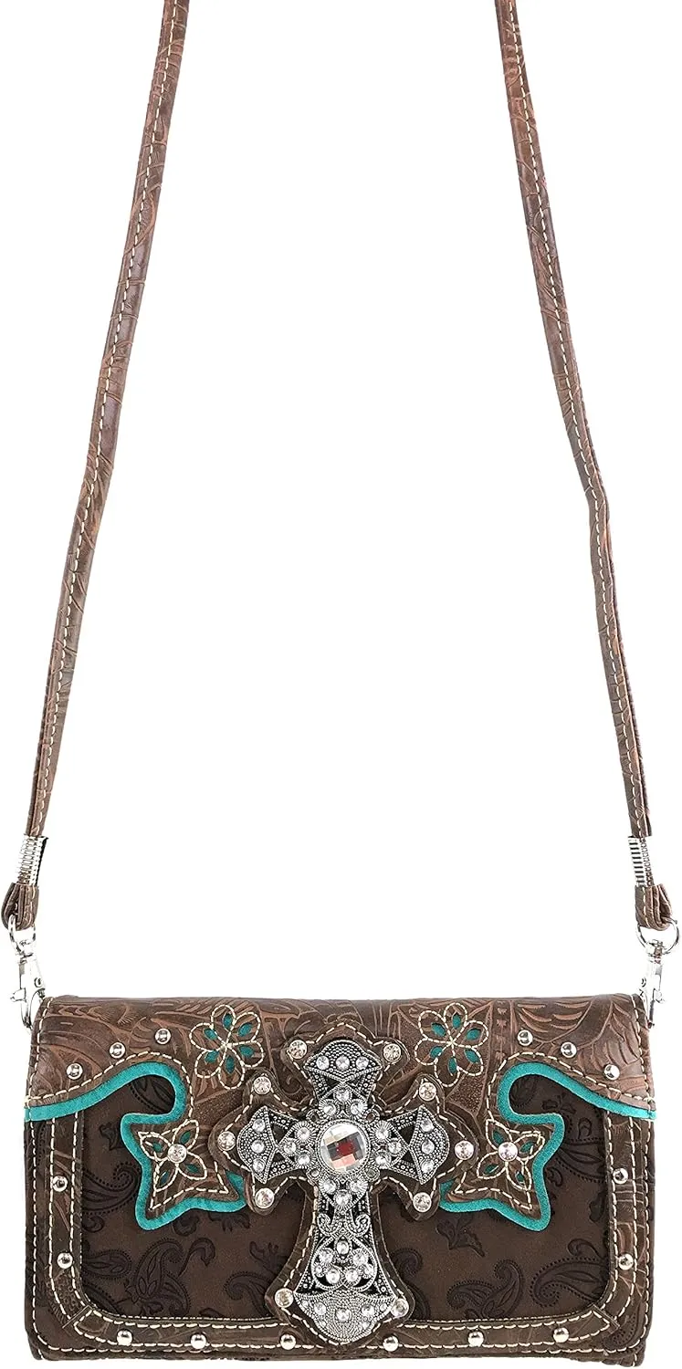 Justin West Paisley Embroidery Floral Tooled Leather Rhinestone Cross Shoulder Concealed Carry Handbag Purse